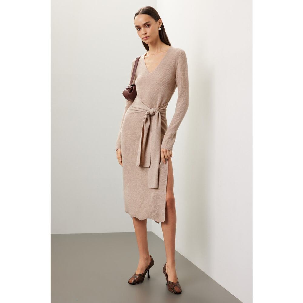 Toccin Stevie Tie-Front Dress (Beige Knit Wrap Midi Dress) - Sz M